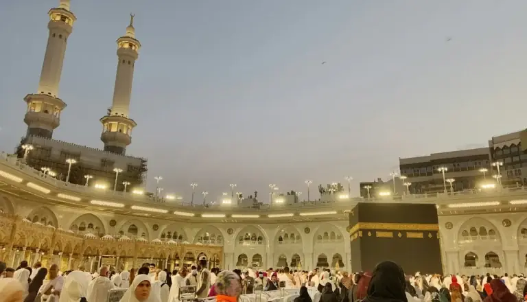 Masjid al-Haram in Makkah lit up in the evening